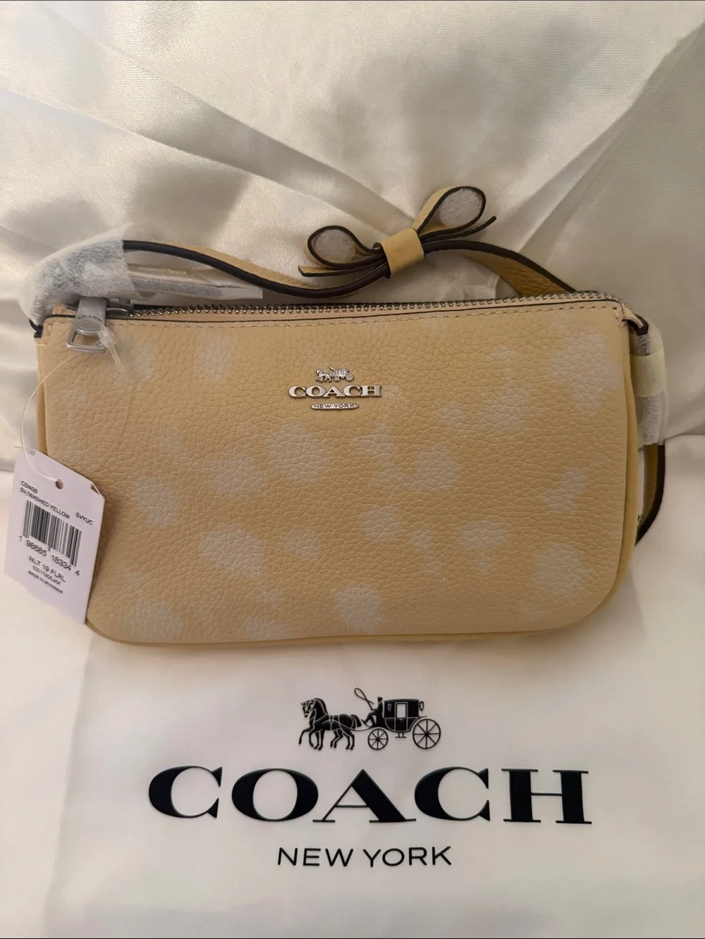 💛Coach NWT Washed Yellow Nolita 19 with Floral Print/Bow Strap/ Silver Hardware